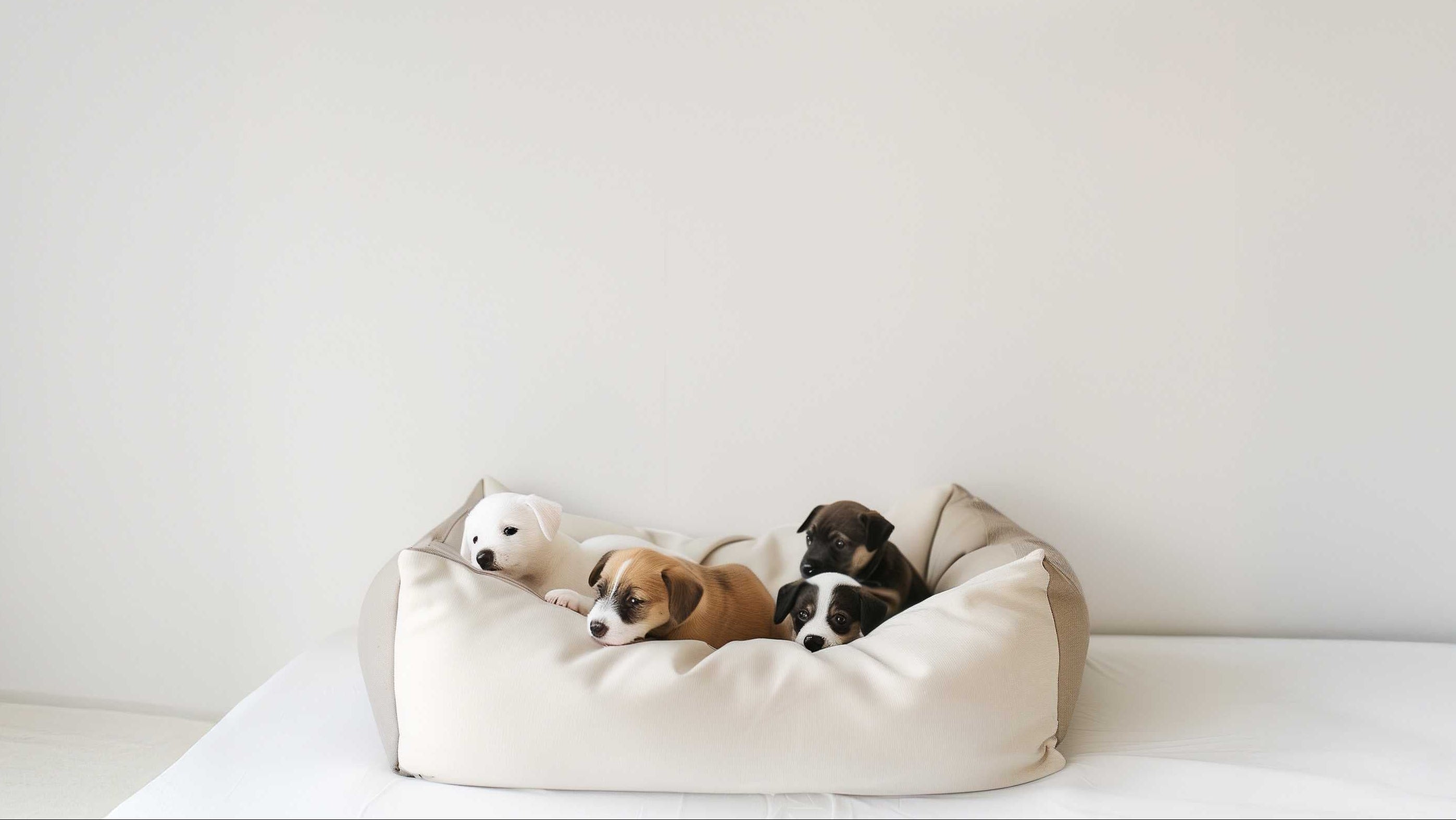 Three puppies in a white dog bed with pink flowers on a pink background